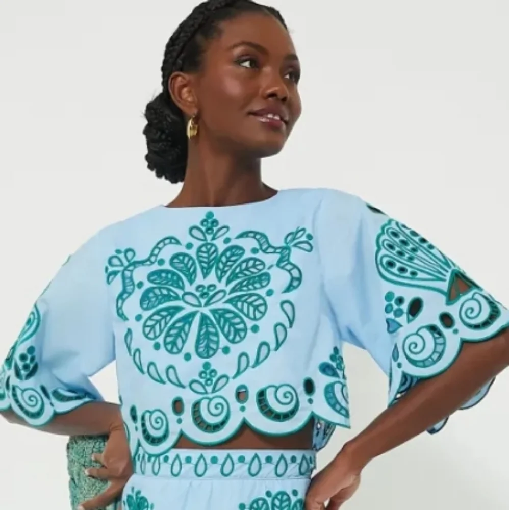 Farm Rio Richelieu Light Blue And Green Cropped Scalloped Hem Top Size XL Cotton - Picture 3 of 15